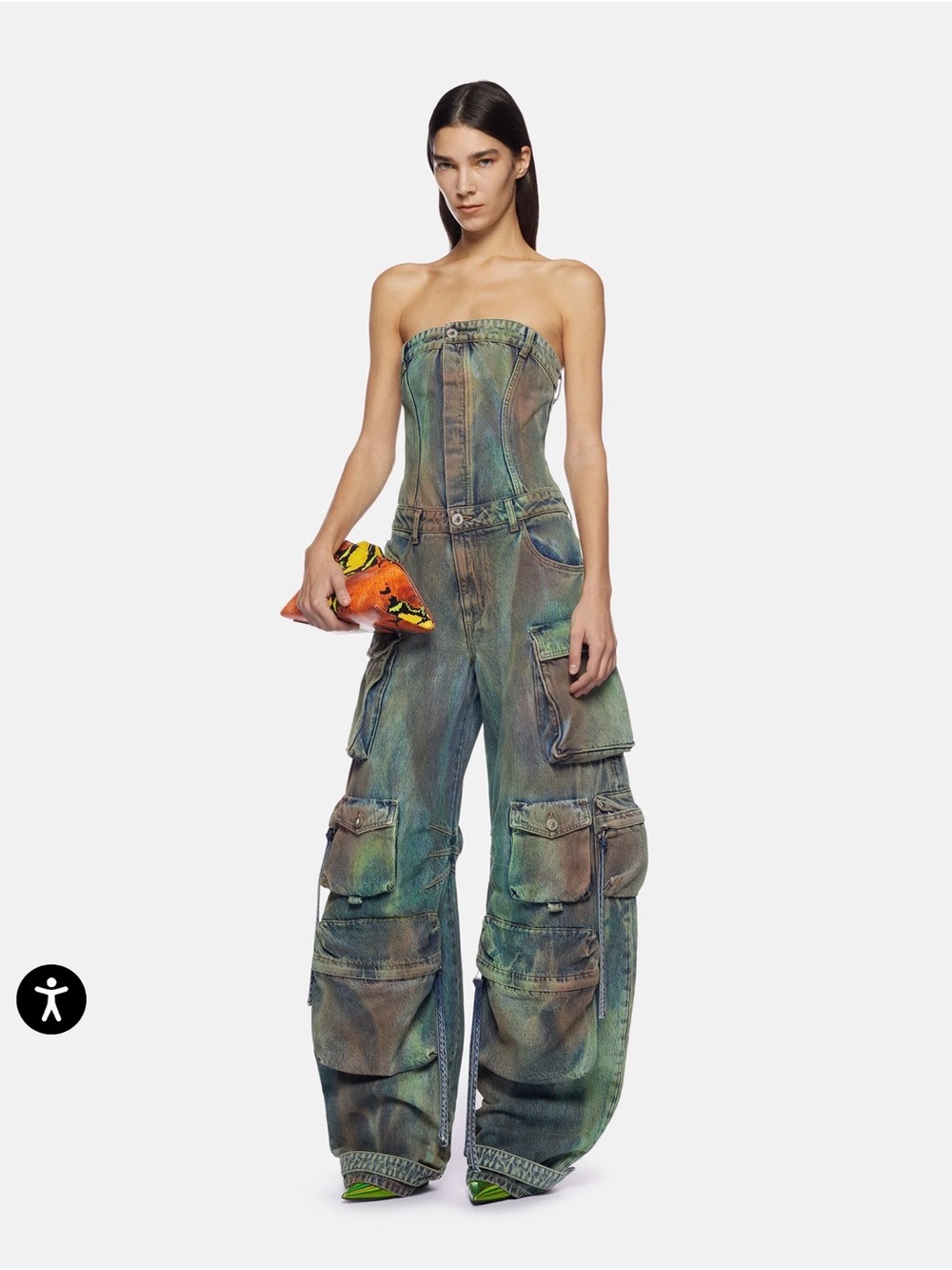 The Attico Women’s Strapless Cargo denim jumpsuit in Multicolor Wash